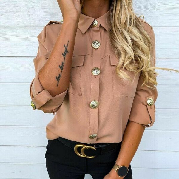 The Best Women Button Down Blouse Shirt Office Ladies Long Sleeve Casual V-Neck Loose OL Blouse Fashion New Autumn Tops Online - Hplify