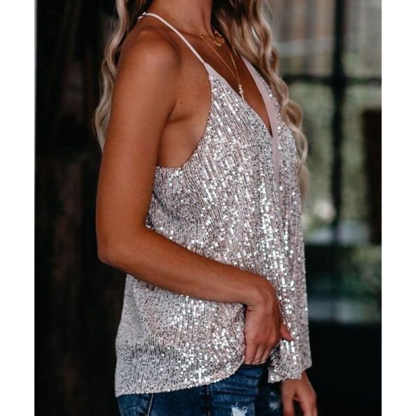 The Best Women Camisole Casual V Neck Sequins Strappy Tank Top Vest sleeveless Solid Blouse Tee Online - Hplify
