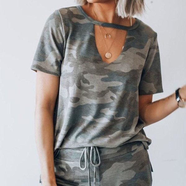 The Best Women Camouflage Army T-shirt Hollow Out Choker V-Neck Summer Ladies Casual Loose Short Sleeve T-Shirts New Online - Hplify