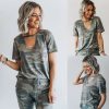 The Best Women Camouflage Army T-shirt Hollow Out Choker V-Neck Summer Ladies Casual Loose Short Sleeve T-Shirts New Online - Hplify