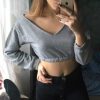 The Best Women Casual Long Sleeves Deep-V Top Off Shoulder Solid T-Shirt Tops Fashion Autumn Clothes Online - Hplify