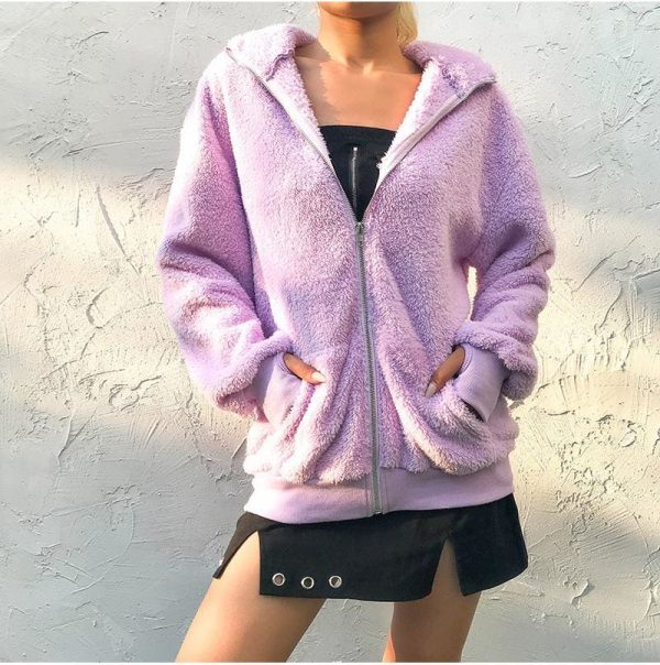 The Best Women Casual Plain Fleece Coats Jacket Fashion Long Sleeve Hooded Autumn Winter Top Outwear Loose dames kleding Streetwear Online - Hplify
