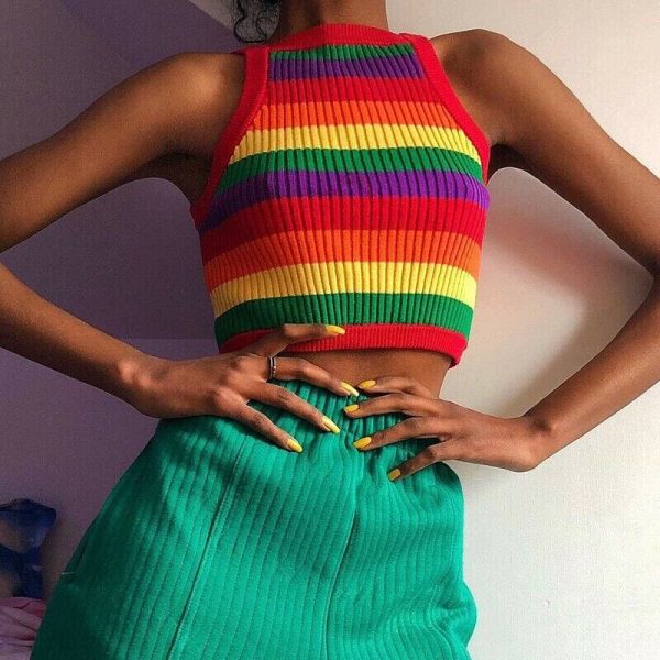 The Best Women Casual Rainbow Striped Tank Top Vest Blouse Sleeveless Fashion Ladies Summer Beach Holiday Crop Top Shirt Cami Top Online - Hplify