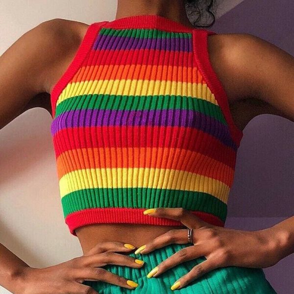 The Best Women Casual Rainbow Striped Tank Top Vest Blouse Sleeveless Fashion Ladies Summer Beach Holiday Crop Top Shirt Cami Top Online - Hplify
