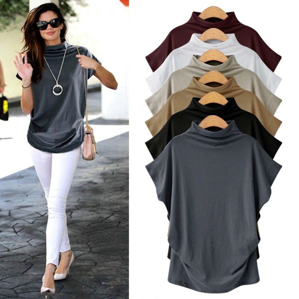 The Best Women Casual Summer T Shirt Short Batwing Sleeve Loose Tops Solid Black Gray Turtleneck Tee Shirt T-Shirts Ladies Tees Tops Online - Hplify
