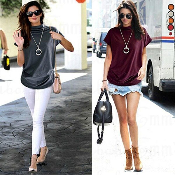 The Best Women Casual Summer T Shirt Short Batwing Sleeve Loose Tops Solid Black Gray Turtleneck Tee Shirt T-Shirts Ladies Tees Tops Online - Hplify