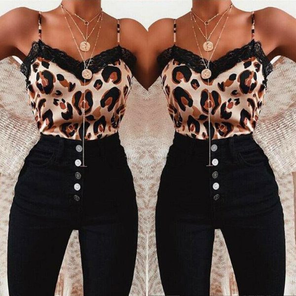 The Best Women Casual V Neck Leopard Print Lace Camisole Ladies Summer Holiday Tank Vest Blouse Cami Crop Tops New Online - Hplify