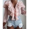 The Best Women Chiffon Solid Color V-Neck Ruffle Trim Blouse Casual Long Sleeve Loose Top Ladies Holiday Clothing Streetwear Online - Hplify