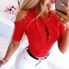 The Best Women Cold Shoulder Shirt Tops New Fashion Ladies Short Sleeve Lace Hollow Out Summer Solid Casual Shirts Blouse Online - Hplify