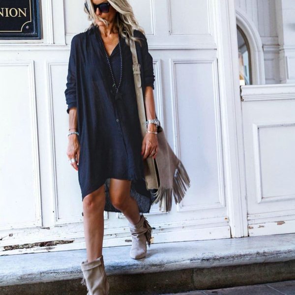 The Best Women Cotton Linen Summer Long Sleeve Short Dress Fashion Ladies Girl Casual Loose Sundress Tops Short T-shirt Dress Online - Hplify