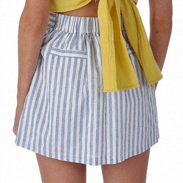 The Best Women Cotton&Linen Tennis High Waist Knot Skater Striped Pleated Flared A Line Circle Elastic Stretch Waist Short Mini Skirt Online - Hplify