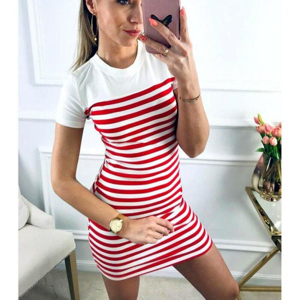 The Best Women Crew Neck Striped Short Sleeve Slim Fit T-shirt Dress Summer Ladies Casual Bodycon Mini Dresses Sundress Online - Hplify