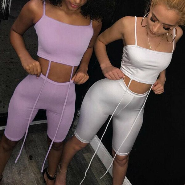 The Best Women Crop Tanks Tops Short Trousers Two-piece Set Skinny Casual Ladies Summer Fashion Beach Sport Suit Online - Hplify