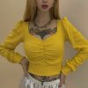The Best Women Crop Top Slim Fit Knitted V Neck Long Sleeve Pleated T-shirt Fashion Ladies Girl T-shirts Streetwear Online - Hplify