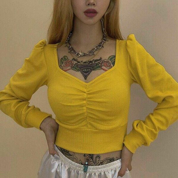 The Best Women Crop Top Slim Fit Knitted V Neck Long Sleeve Pleated T-shirt Fashion Ladies Girl T-shirts Streetwear Online - Hplify