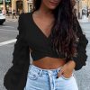 The Best Women Deep V Neck Backless Shirts Crop Tops Autumn Ladies Bandage Slim Fit Party Wrap Casual Blouse Tee Online - Hplify