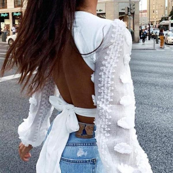 The Best Women Deep V Neck Backless Shirts Crop Tops Autumn Ladies Bandage Slim Fit Party Wrap Casual Blouse Tee Online - Hplify