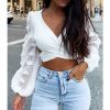 The Best Women Deep V Neck Backless Shirts Crop Tops Autumn Ladies Bandage Slim Fit Party Wrap Casual Blouse Tee Online - Hplify