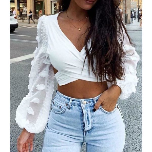 The Best Women Deep V Neck Backless Shirts Crop Tops Autumn Ladies Bandage Slim Fit Party Wrap Casual Blouse Tee Online - Hplify
