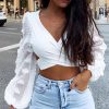 The Best Women Deep V Neck Backless Shirts Crop Tops Autumn Ladies Bandage Slim Fit Party Wrap Casual Blouse Tee Online - Hplify