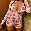 The Best Women Deep V-neck Bodycon Sleepwear Jumpsuit Bodysuit Shorts Romper Bodysuit Leotard Long Sleeve Print Button Bodysuit New Online - Hplify