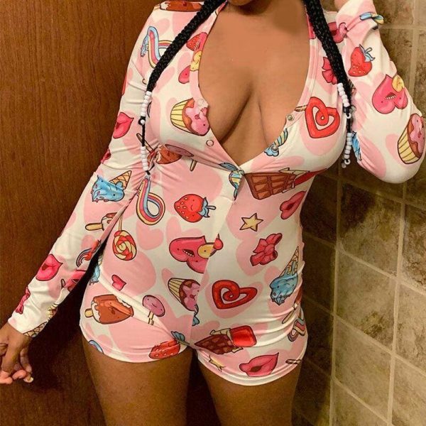 The Best Women Deep V-neck Bodycon Sleepwear Jumpsuit Bodysuit Shorts Romper Bodysuit Leotard Long Sleeve Print Button Bodysuit New Online - Hplify