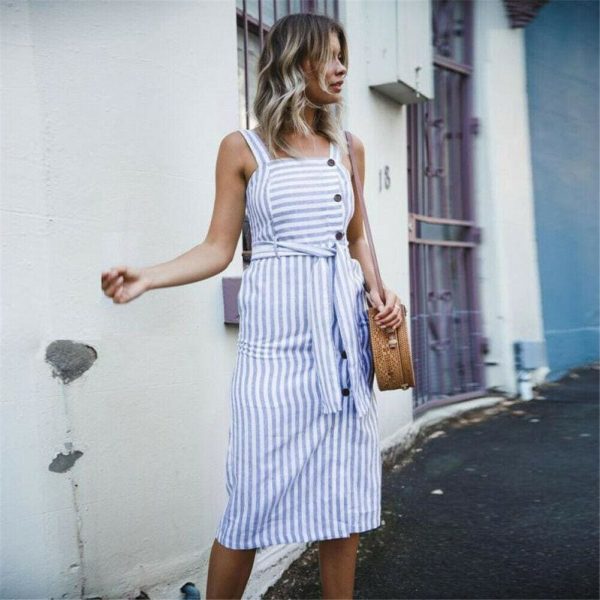 The Best Women Dress Striped Sundress Summer Holiday Beach Midi Dress Online - Hplify