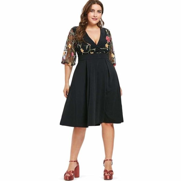 The Best Women Dress V Neck High Waist See Through Sleeves Vintage Plus Size Online - Source Silk