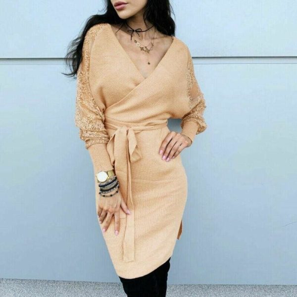 The Best Women Elegant Knitted Pencil Dress New Woolen Split Dress Lace Long Sleeve V Neck Party Clubwear Belt Autumn Winter Lady Online - Hplify