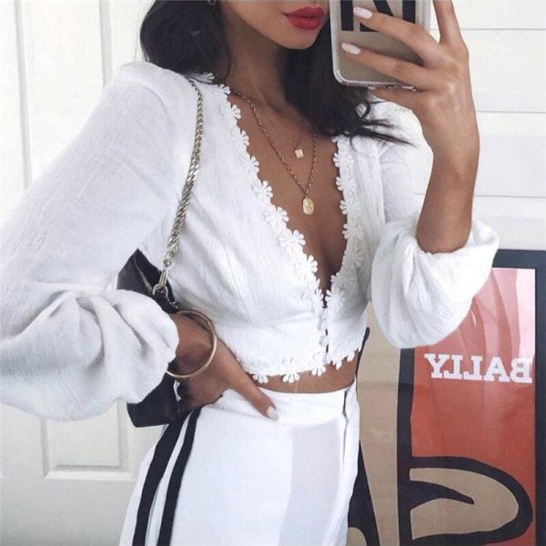 The Best Women Elegant Long Sleeve Lace Crop Top Floral T Shirt New Fashion Ladies Boho Summer Beach HolidayTops Online - Hplify