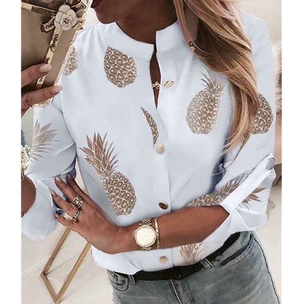 The Best Women Fashion Crew Neck Long Sleeve Office Lady Summer Blouse Shirt Women Pineapple Floral Casual Shirts Top Online - Hplify