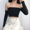 The Best Women Fashion Crop Top Off Shoulder Slash Neck Frill Long Sleeve Knitted Holiday Beach Club Party Tops T-shirts Online - Hplify