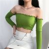 The Best Women Fashion Crop Top Off Shoulder Slash Neck Frill Long Sleeve Knitted Holiday Beach Club Party Tops T-shirts Online - Hplify