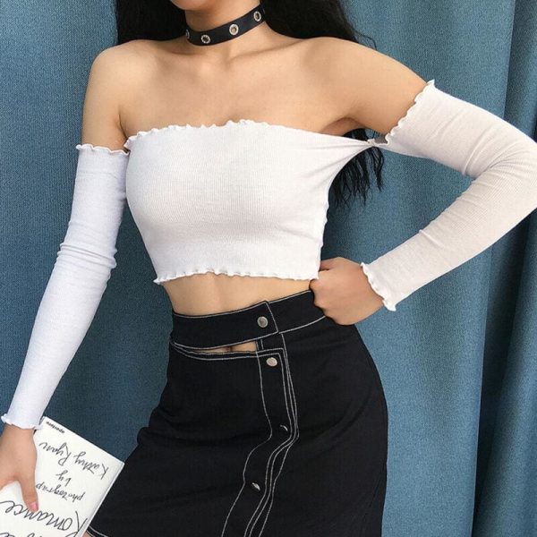 The Best Women Fashion Crop Top Off Shoulder Slash Neck Frill Long Sleeve Knitted Holiday Beach Club Party Tops T-shirts Online - Hplify
