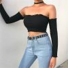 The Best Women Fashion Crop Top Off Shoulder Slash Neck Frill Long Sleeve Knitted Holiday Beach Club Party Tops T-shirts Online - Hplify