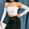 The Best Women Fashion Crop Top Off Shoulder Slash Neck Frill Long Sleeve Knitted Holiday Beach Club Party Tops T-shirts Online - Hplify