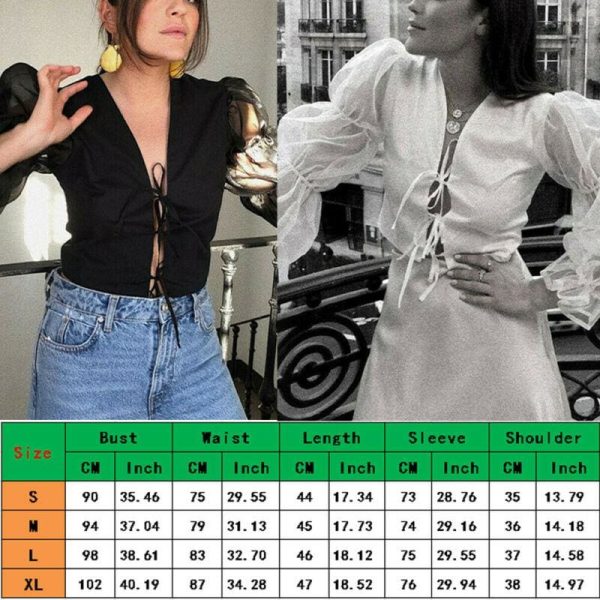 The Best Women Fashion Lace Mesh Sheer See-through Puff Long Sleeve Tops Shirts Lace Up V neck Casual Holiday Blouse Online - Hplify