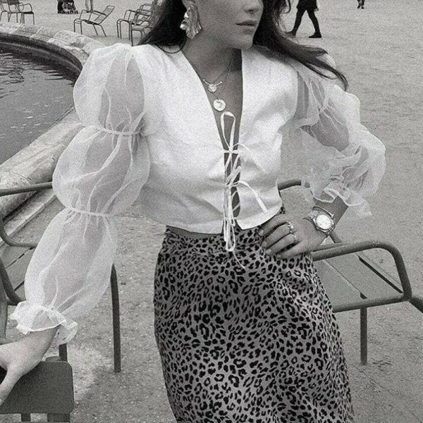 The Best Women Fashion Lace Mesh Sheer See-through Puff Long Sleeve Tops Shirts Lace Up V neck Casual Holiday Blouse Online - Hplify