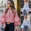 The Best Women Fashion Long Puff Sleeve Blouse Formal Pullover Jumper Crop Tops Casual Loose Stripes Shirt Women Clothing Online - Hplify