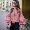 The Best Women Fashion Long Puff Sleeve Blouse Formal Pullover Jumper Crop Tops Casual Loose Stripes Shirt Women Clothing Online - Hplify