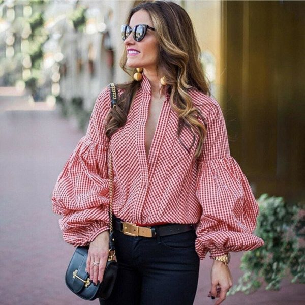 The Best Women Fashion Long Puff Sleeve Blouse Formal Pullover Jumper Crop Tops Casual Loose Stripes Shirt Women Clothing Online - Hplify