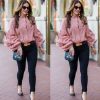 The Best Women Fashion Long Puff Sleeve Blouse Formal Pullover Jumper Crop Tops Casual Loose Stripes Shirt Women Clothing Online - Hplify