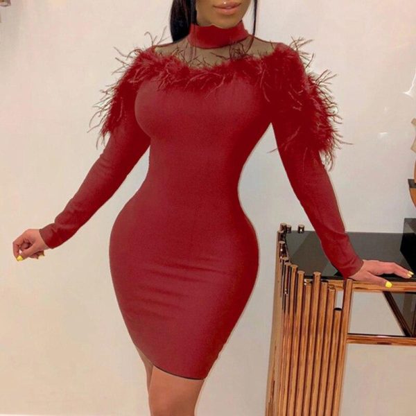 women faxu fur long sleeve bodycon dress stretchy mini party dress back zipper solid transparent chocker neck vestidos - Hplify