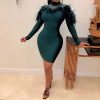 women faxu fur long sleeve bodycon dress stretchy mini party dress back zipper solid transparent chocker neck vestidos - Hplify