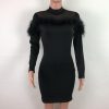 women faxu fur long sleeve bodycon dress stretchy mini party dress back zipper solid transparent chocker neck vestidos - Hplify