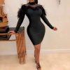 women faxu fur long sleeve bodycon dress stretchy mini party dress back zipper solid transparent chocker neck vestidos - Hplify