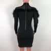women faxu fur long sleeve bodycon dress stretchy mini party dress back zipper solid transparent chocker neck vestidos - Hplify