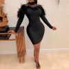 women faxu fur long sleeve bodycon dress stretchy mini party dress back zipper solid transparent chocker neck vestidos - Hplify