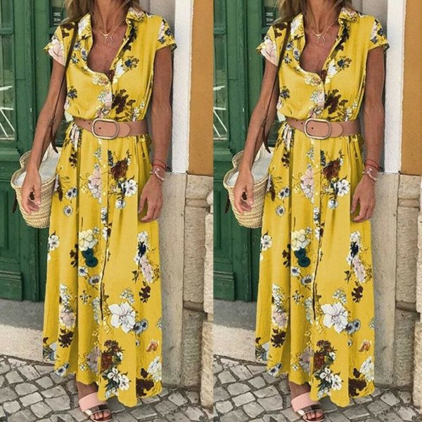 The Best Women Floral Boho Long Dress Short Sleeve High Waist Elegant Ladies Holiday Summer Beach Casual Sundress Online - Hplify