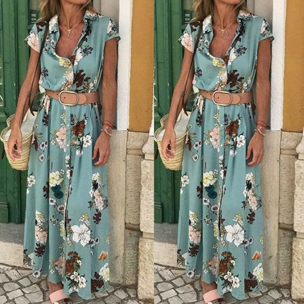 The Best Women Floral Boho Long Dress Short Sleeve High Waist Elegant Ladies Holiday Summer Beach Casual Sundress Online - Hplify